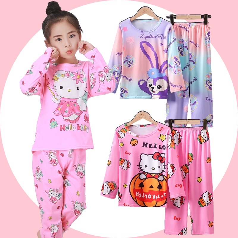 Kids Pyjamas baju tidur budak perempuan Cute Cartoon Printing Children Sleepwear Boy Girls pajamas Long Sleeve Pyjamas kids dress