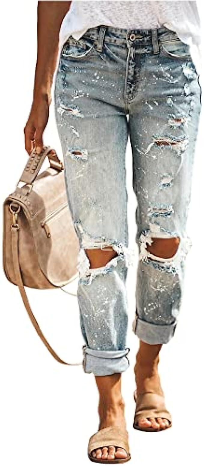 HETIPR Women's Ripped Boyfriend Jeans Mid Rise Loose Fit Distressed Stretchy Denim Pants