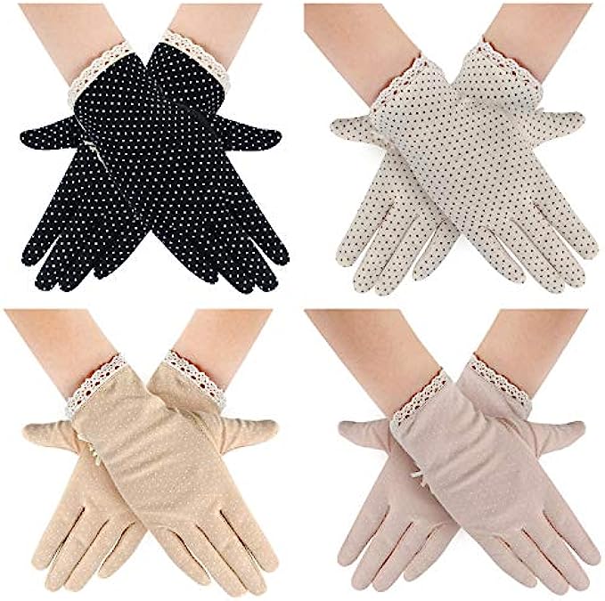 4 Pairs Summer Women Dots Sun Uv Protection Gloves Cotton Lace Anti-skid Driving Gloves