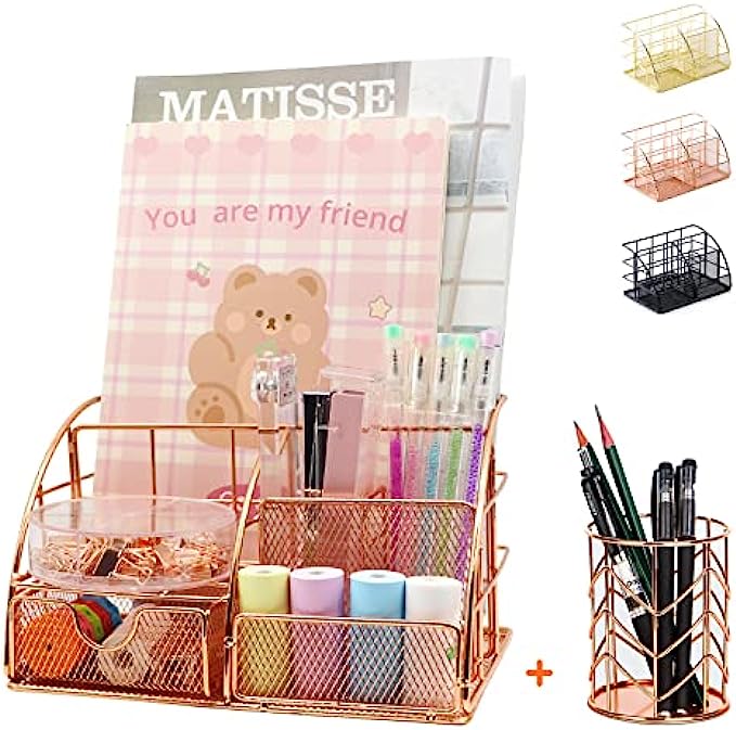 Creechwa Rose Gold Desk Organizers and Accessories for Women, Metal Mesh Desk Organizer, Cute Office Supplies with Sliding Drawer and Pen Holder for Home School and Office