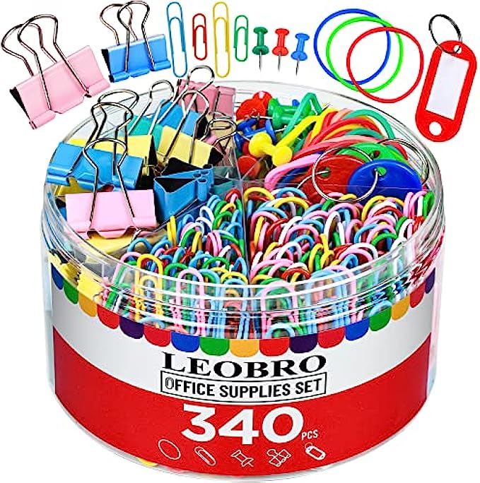 Binder Clips Paper Clips, 340PCS Colored Office Clips Set, Paperclips, Paper Clamps, Mini Binder, Chip Clips, Rubber Bands, Push Pin Thumb Tacks, Key Tag, Cute Classroom Teacher School Office Supplies