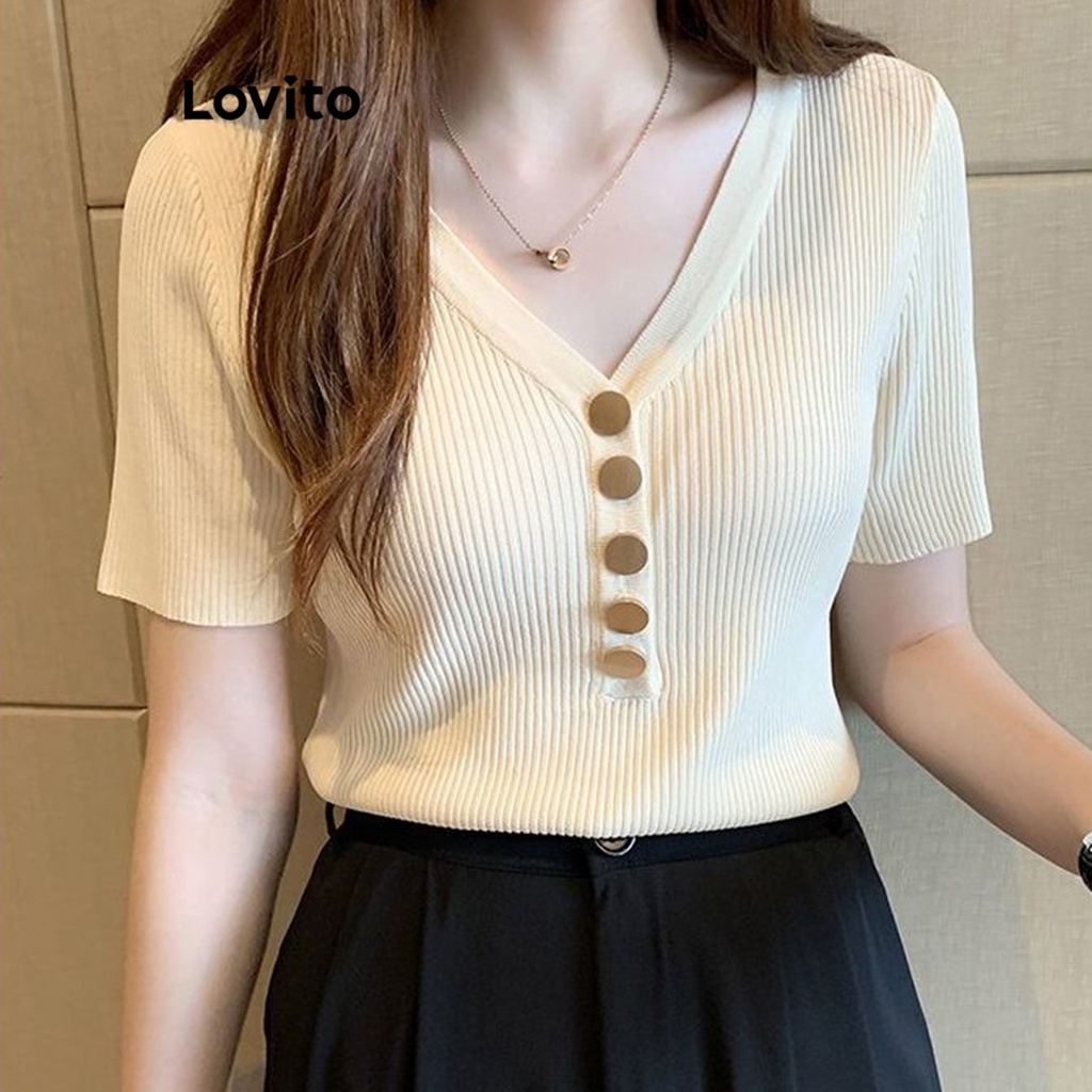 Lovito Casual Plain Button T-Shirt for Women LNL36064 (Apricot/Hot Pink/Green/Black)