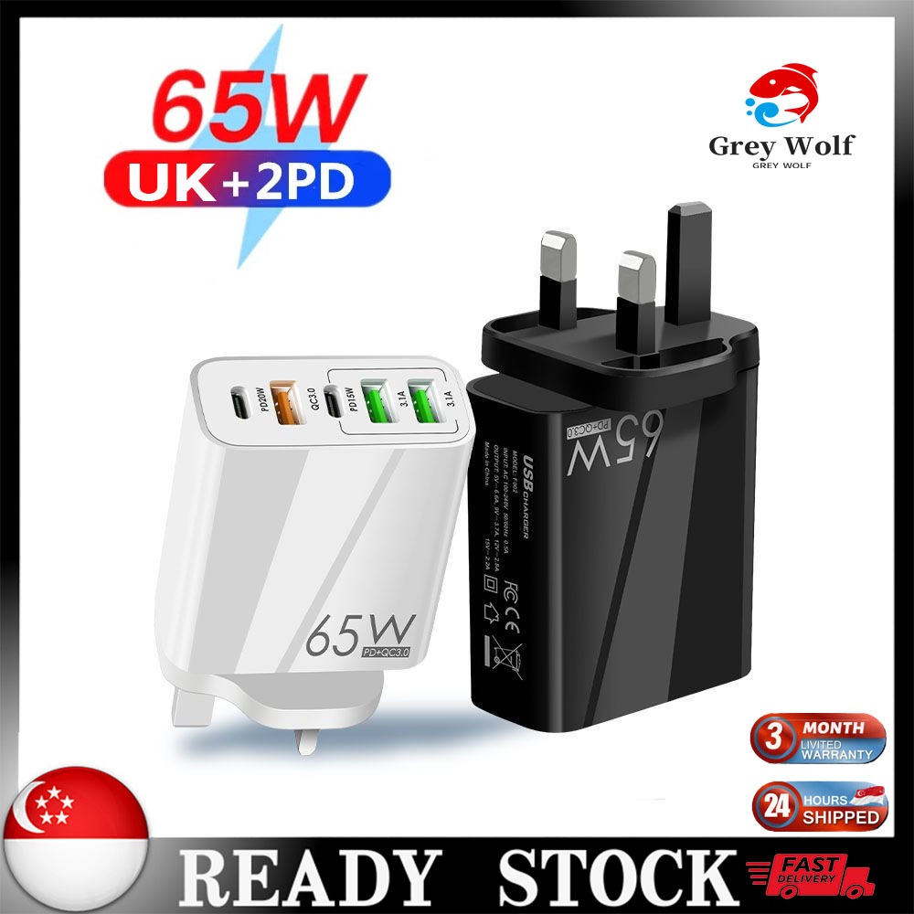 ?? [READY STOCK]65W USB Charger 5 Ports Fast Charge Charger Type C PD Quick Phone Charger Adapter Travel Adapter UK Plug